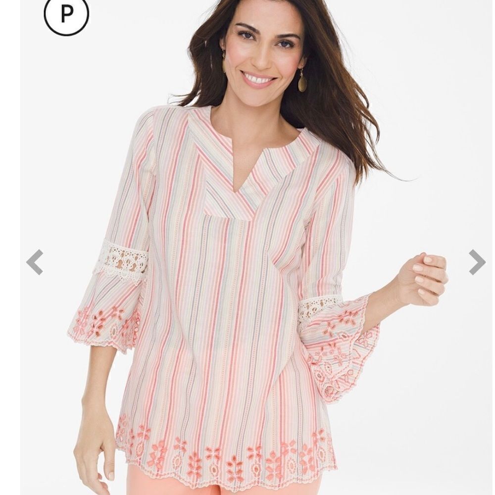 Chicos textured lace trim cotton tunic. Sz L